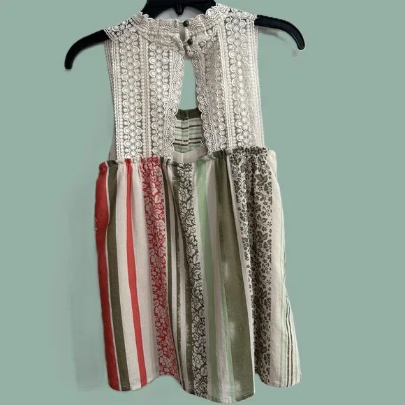 Cabi Whisper Gauze Tank Top Size XS floral and stripe design with Crochet BOHO - Picture 2 of 8